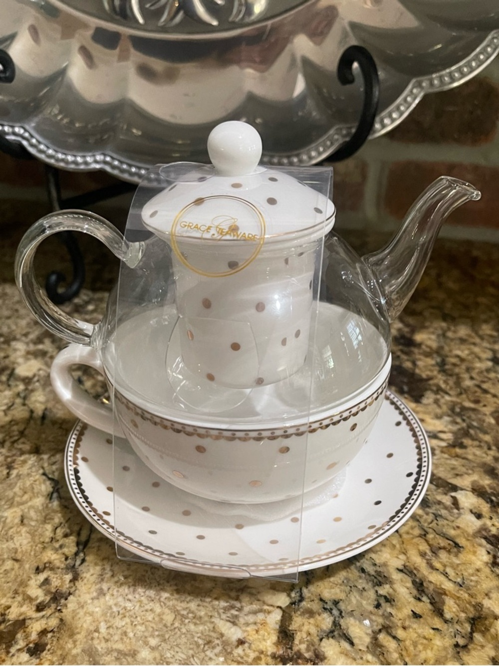 Grace Teaware fine porcelain teacup, infuser, glass teapot and saucer set - NEW!